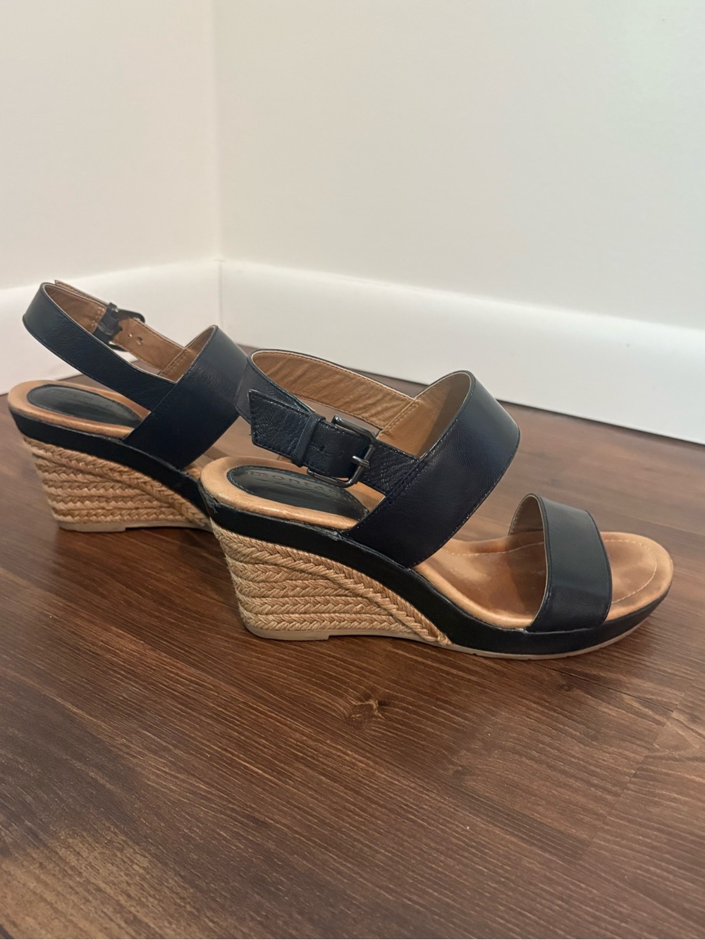 Women's Black Leather Espadrille Wedge Sandals